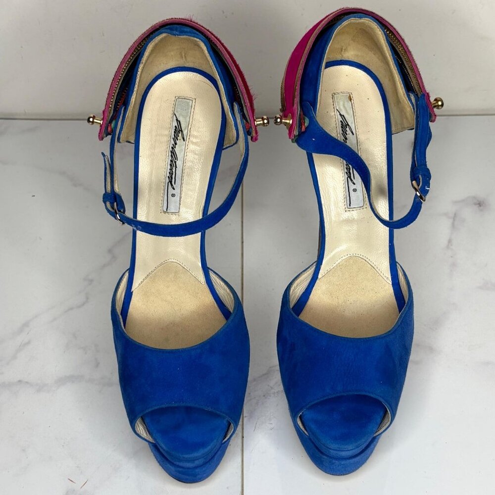 Brian Atwood TRIBECA Cuffed Blue Suede Platform Heels Multicolor Ankle Strap 37 - Picture 3 of 12